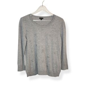 Loft Women's Festive Beaded Polka Dot Gray Long Sleeve Sweater Size Medium